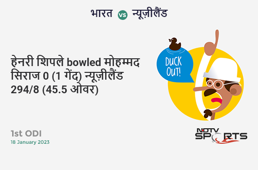 भारत vs न्यूज़ीलैंड: 1st ODI: WICKET! Henry Shipley b Mohammed Siraj 0 (1b, 0x4, 0x6). NZ 294/8 (45.5 Ov). Target: 350; RRR: 13.44