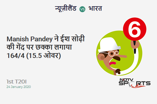 NZ vs IND: 1st T20I: It's a SIX! Manish Pandey hits Ish Sodhi. India 164/4 (15.5 Ov). Target: 204; RRR: 9.6