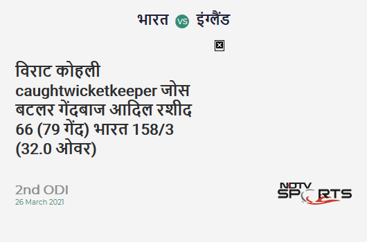 IND vs ENG: 2nd ODI: WICKET! Virat Kohli c Jos Buttler b Adil Rashid 66 (79b, 3x4, 1x6). IND 158/3 (32.0 Ov). CRR: 4.94