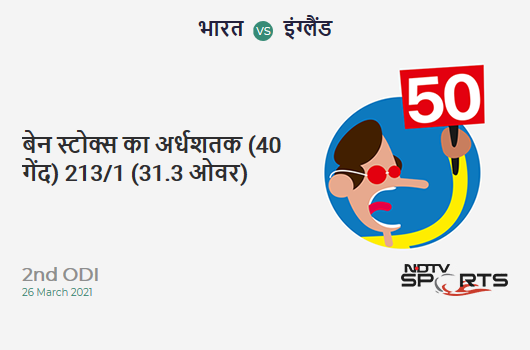 IND vs ENG: 2nd ODI: FIFTY! Ben Stokes completes 50 (40b, 2x4, 4x6). ENG 213/1 (31.3 Ovs). Target: 337; RRR: 6.70