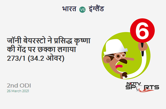 IND vs ENG: 2nd ODI: It's a SIX! Jonny Bairstow hits Prasidh Krishna. ENG 273/1 (34.2 Ov). Target: 337; RRR: 4.09