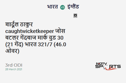 IND vs ENG: 3rd ODI: WICKET! Shardul Thakur c Jos Buttler b Mark Wood 30 (21b, 1x4, 3x6). IND 321/7 (46.0 Ov). CRR: 6.98