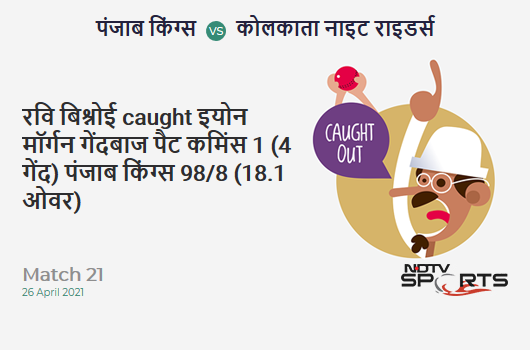 PBKS vs KKR: Match 21: WICKET! Ravi Bishnoi c Eoin Morgan b Pat Cummins 1 (4b, 0x4, 0x6). PBKS 98/8 (18.1 Ov). CRR: 5.39