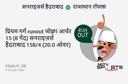 SRH vs RR: Match 26: WICKET! Priyam Garg run out (Jofra Archer) 15 (8b, 1x4, 1x6). Sunrisers Hyderabad 158/4 (20.0 Ov). CRR: 7.9 SRH vs RR: Match 26: WICKET! Priyam Garg run out (Jofra Archer) 15 (8b, 1x4, 1x6). Sunrisers Hyderabad 158/4 (20.0 Ov). CRR: 7.9
