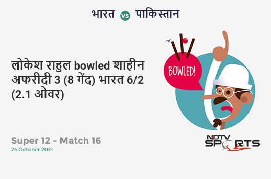 भारत vs पाकिस्तान: Super 12 - Match 16: WICKET! KL Rahul b Shaheen Afridi 3 (8b, 0x4, 0x6). IND 6/2 (2.1 Ov). CRR: 2.77